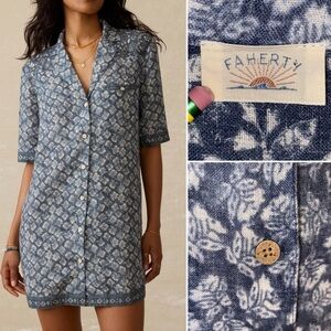 Faherty $178 Women's Blue Paradise Point Block Print Linen Shirt Dress L EUC